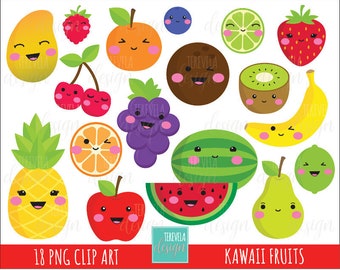 kawaii FRUIT clipart, commercial use, cute clipart, apple/banana/cherry/watermelon/kiwi/mango, grapes, pineapple, orange/lemon