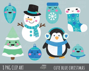 CHRISTMAS clipart, BLUE christmas, cute christmas, commercial use, christmas graphics, snowman clipart, penguin, christmas ornaments, winter