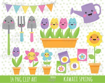 SPRING clipart, kawaii clipart, flowers clipart, garden clipart, commercial use, gardening, kawaii, cute graphics, garden tools, sunflower