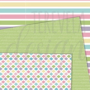 May include: A digital paper pack featuring three different patterns. The first pattern is a green background with a white chevron design. The second pattern is a white background with a pink, blue, yellow, and green diamond pattern. The third pattern is a striped pattern with pink, blue, yellow, and green stripes.