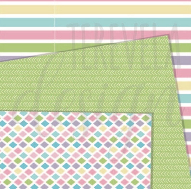 May include: A digital paper pack featuring three different patterns. The first pattern is a green background with a white chevron design. The second pattern is a white background with a pink, blue, yellow, and green diamond pattern. The third pattern is a striped pattern with pink, blue, yellow, and green stripes.