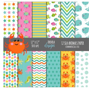 SEETIERE Papier, digitales Papier, kommerzielle Nutzung, Wal, Scrapbook Papier, bunte Farben Papier, Sternfische, Fische, Meer, Meer, Streifen, Punkte