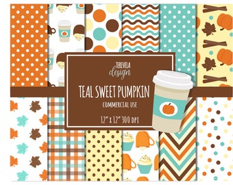 TEAL autumn digital paper, commercial use, paper pack, fall, pumpkin, thanksgiving, pumpkin coffee paper, paper set, scrapbook, cute coffee
