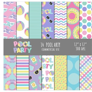 Papel de festa na piscina em cores pastel, flutuador de orca, uso comercial, VERÃO, papel de festa na piscina rosa, festa na piscina para meninas, óculos de sol, festa de verão, fofo