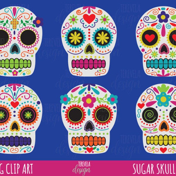 SKULL clipart, HALLOWEEN clipart, day of death clipart, dia de muertos clipart, commercial use, sugar skulls clipart, mexican skulls, cute