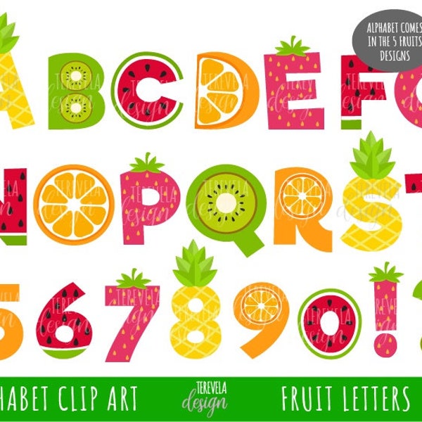 Clipart polices de caractères FRUITS, alphabet FRUITS, fuente de verano, uso comercial, fresa, kiwi, piña, sandía, naranja, alfabeto de sandía