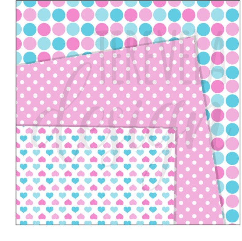 May include: Three digital paper patterns with pink and blue polka dots and hearts on a white background.