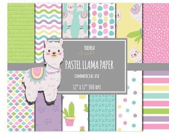 LLAMA paper set, commercial use, paper pack, pastel colors, digital background, scrapbook, alpaca, cute paper, web design, cute patterns