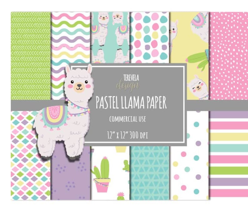 May include: A set of 12 digital papers featuring pastel llama designs. The papers include various patterns such as polka dots, stripes, zigzags, and geometric shapes. The papers are 30.5 cm by 30.5 cm and 300 DPI.
