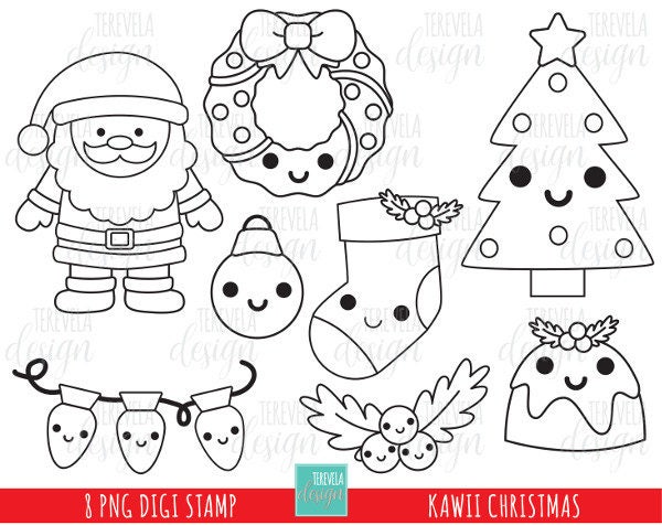 50 Sale Kawaii Christmas Stamp Commercial Use Kawaii Stamp Digi Stamp Christmas Digi Stamp Digital Image Coloring Page