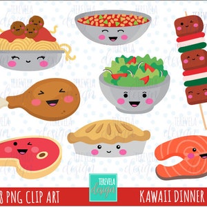 Clipart JANTAR, clipart de comida, gráficos de comida, uso comercial, clipart kawaii, gráficos de refeições, almôndegas, salada, carne, imagens fofas, espaguete
