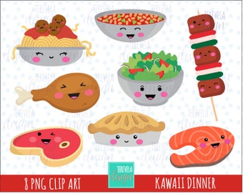 DINNER clipart, food clipart, food graphics, commercial use, kawaii clipart, meals graphics, meat balls, salad, meat, cute images, spaghetti