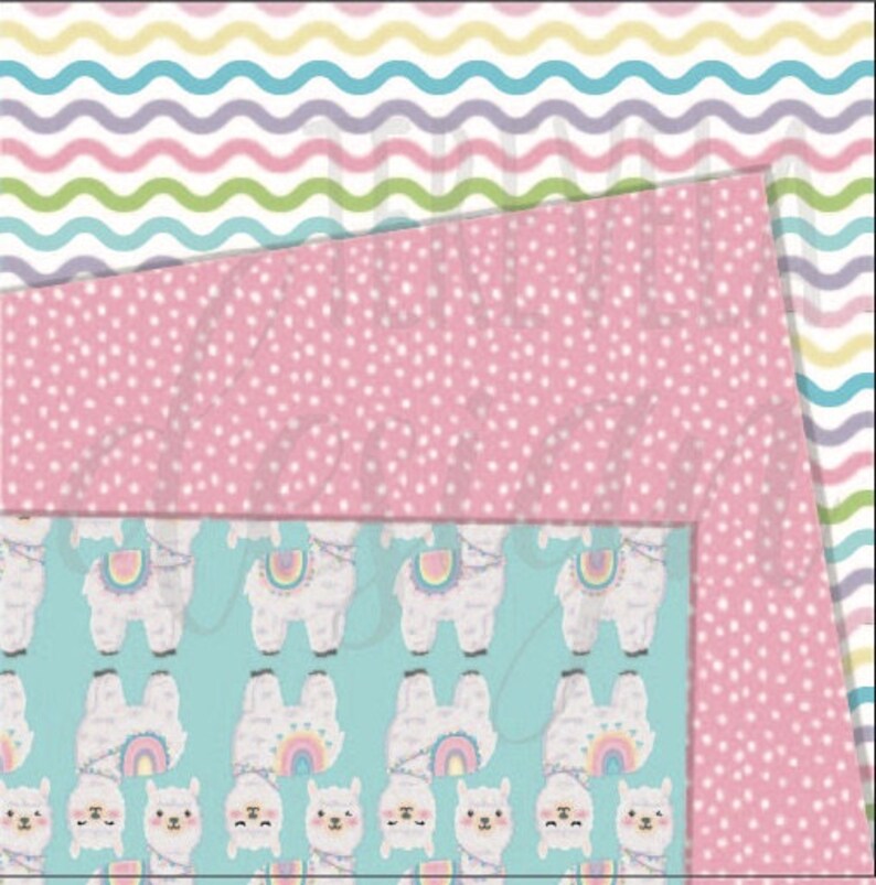 May include: A digital paper pack featuring three different patterns. The first pattern is a pink background with white polka dots. The second pattern is a blue background with a repeating pattern of white llamas with rainbow accents. The third pattern is a white background with a repeating pattern of wavy lines in pink, blue, and green.