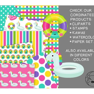 Puede incluir: Un paquete de papel digital con 10 patrones diferentes que incluyen rayas de colores, lunares e ilustraciones lindas de flotadores de piscina inflables, incluyendo un unicornio, un flamenco y un anillo. El texto "CHECK OUR CORDINATED PRODUCTS: ★CLIPARTS ★ STAMPS * KAWAII ★ WATERCOLOR ★PAPER SET... ALSO AVAILABLE IN DIFERENT COLORS" est&aacute; incluido en la imagen.