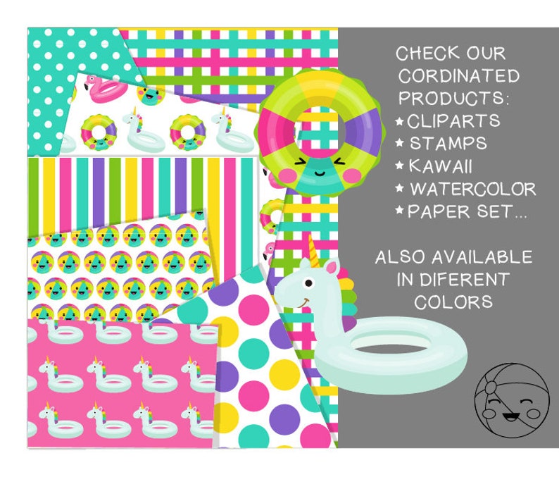 Puede incluir: Un paquete de papel digital con 10 patrones diferentes que incluyen rayas de colores, lunares e ilustraciones lindas de flotadores de piscina inflables, incluyendo un unicornio, un flamenco y un anillo. El texto "CHECK OUR CORDINATED PRODUCTS: ★CLIPARTS ★ STAMPS * KAWAII ★ WATERCOLOR ★PAPER SET... ALSO AVAILABLE IN DIFERENT COLORS" est&aacute; incluido en la imagen.