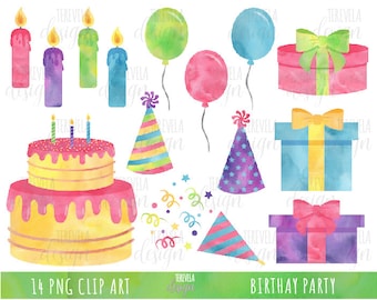 WATERCOLOR BIRTHDAY clipart, party clipart, commercial use, birthday cake, Gifts, balloons, cute clipart, party image, watercolor clipart