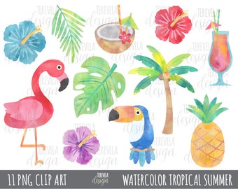 50% sale TROPICAL SUMMER clipart, watercolor summer clipart, watercolor clipart, commercial use, summer graphics, flamingo, tropical flowers
