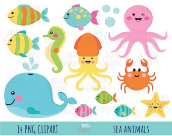 SEA ANIMALS clipart, summer clipart, commercial use, fish, octopus, crab, star fish, whale, cute animals, kawaii animals, cute, baby, sea