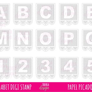 May include: A set of 15 printable digital stamps featuring the alphabet letters A through Q and the numbers 1 through 5. Each letter and number is designed in a white paper picado style with a grey polka dot pattern.