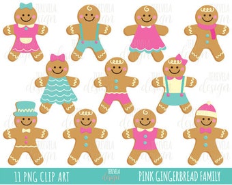 christmas cookies clipart, christmas clipart, commercial use, ginger man, Kawaii christmas, gingerbread, gingerbread family, pink christmas