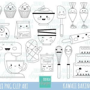BAKING stamp, commercial use, kawaii stamp, digi stamp, kitchen digi stamp, digital image, coloring page, printable graphics, cake, cupcake
