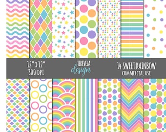 RAINBOW digital paper, sweet rainbow, commercial use, pastel colors, web design, pastel rainbow paper, cute background, pastel colors paper