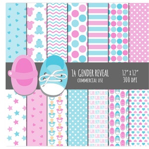 GENDER REVEAL papel digital, uso comercial, niña, niño, paquete de papel, papel rosa y azul, juego de papel de bebé, baby shower, niño, niña
