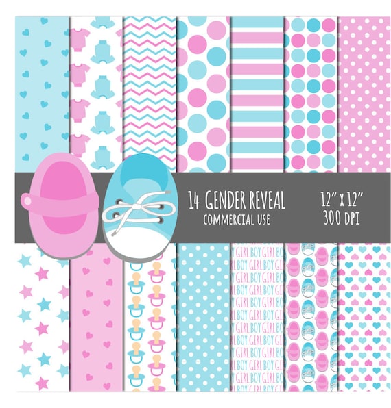 GENDER REVEAL papel digital, uso comercial, niña, niño, paquete de papel, papel rosa y azul, juego de papel de bebé, baby shower, niño, niña