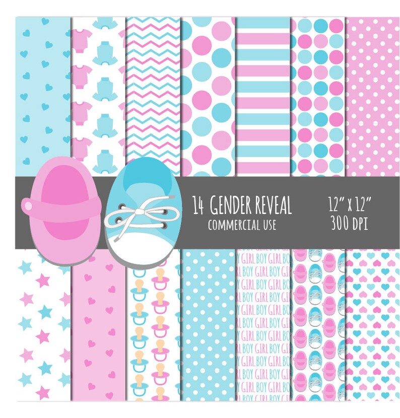 May include: A set of 14 digital papers for gender reveal parties. The papers feature various patterns in pink and blue, including stars, hearts, polka dots, stripes, and chevron. The papers are 12 inches by 12 inches and 300 DPI.