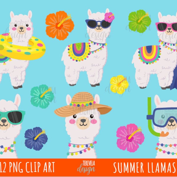 Llama clipart, SUMMER LLAMA, party clipart, pool party, commercial use, birthday, alpaca, lama, llama party, llama pool party, inflatable