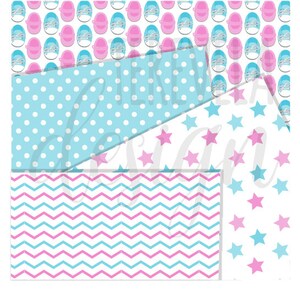 May include: Three digital paper patterns in blue, pink, and white. The first pattern is a blue background with white polka dots. The second pattern is a white background with pink and blue stars. The third pattern is a white background with pink and blue chevron stripes.