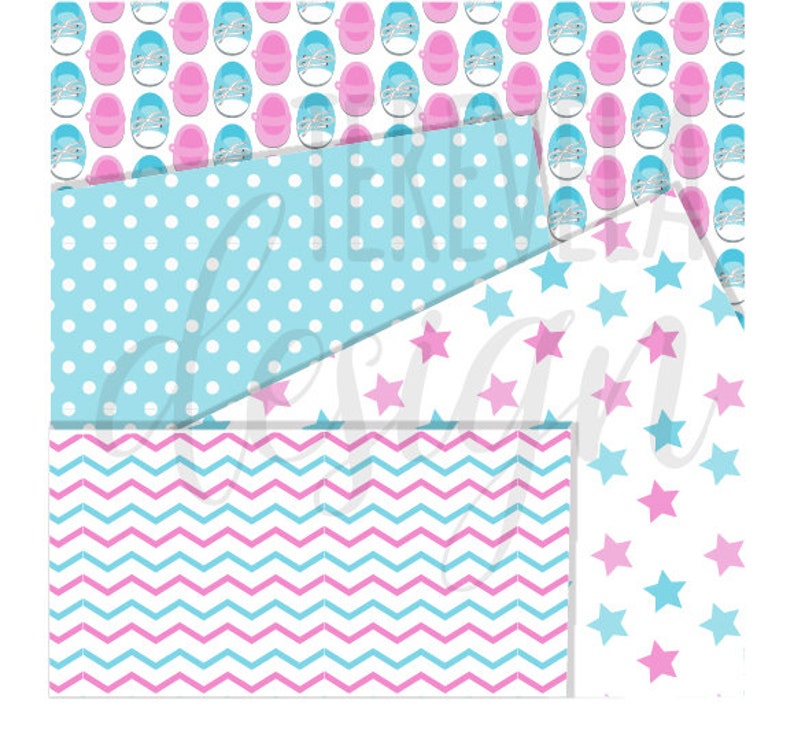 May include: Three digital paper patterns in blue, pink, and white. The first pattern is a blue background with white polka dots. The second pattern is a white background with pink and blue stars. The third pattern is a white background with pink and blue chevron stripes.