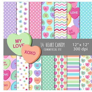 CANDY HEART paper, VALENTINE'S paper, uso comercial, paper pack, papel san valentín, heart paper, conversations heart, candy, heart candies