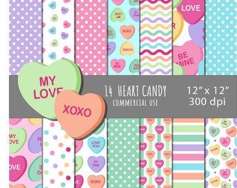 CANDY HEART paper, VALENTINE'S paper, uso comercial, paper pack, papel san valentín, heart paper, conversations heart, candy, heart candies