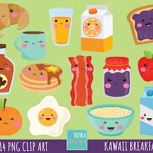 Breakfast clipart, food clipart, breakfast graphics, commercial use, kawaii clipart, meals graphics, fruits, bread, eggs, coffee, milk, jam