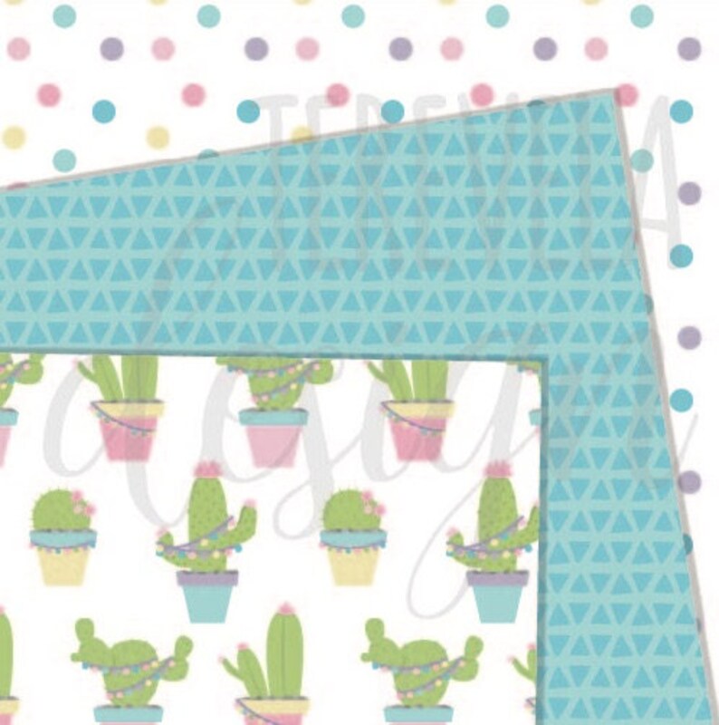 May include: A seamless pattern featuring cacti with colourful lights on a white background. The cacti are in various shades of green and are potted in pink, blue and yellow pots. The background is a light blue and white triangle pattern.