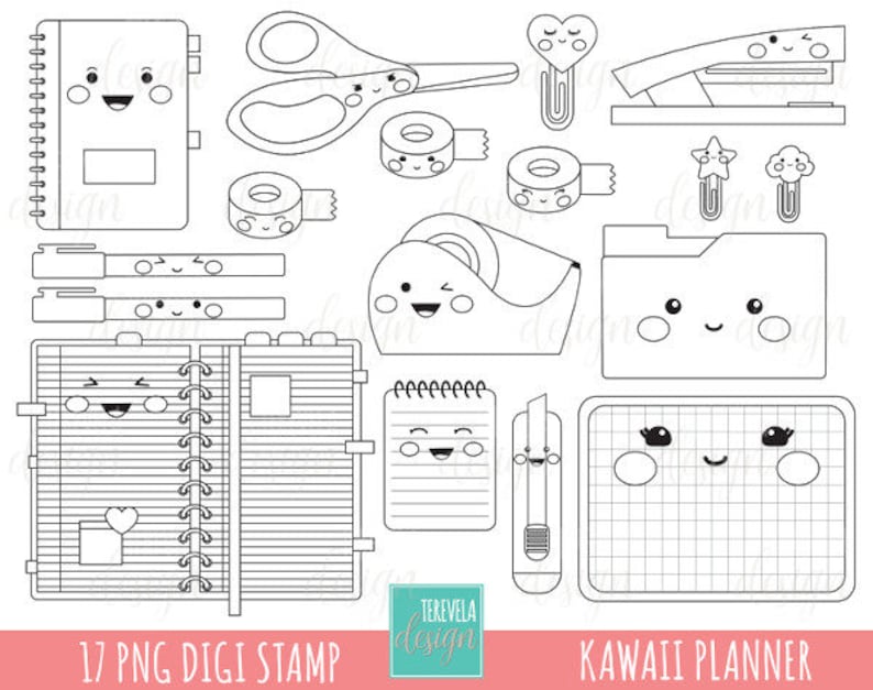 K&ouml;nnte beinhalten: Schwarzwei&szlig;e digitale Stempel mit kawaii-Planerzubeh&ouml;r, darunter ein Notizbuch, eine Schere, Klebeband, ein Hefter, ein Ordner, ein Stift, ein Lineal und eine Schneidematte. Der Text "17 PNG DIGI STAMP" und "KAWAII PLANNER" ist ebenfalls im Bild enthalten.