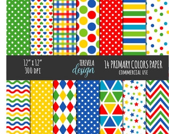 PRIMARY colors digital paper, commercial use, paper pack, scrapbook paper, cute background, dots, lines, red, blue, yellow, green, party