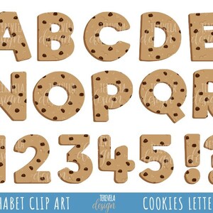 May include: Alphabet and number cookie clip art. The letters A through R and the numbers 1 through 5 are shown in brown with chocolate chips. The letters are in uppercase and the numbers are in a large font. The letters E and Q are missing from the alphabet.