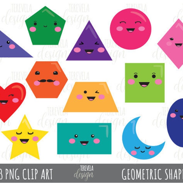 GEOMETRIC SHAPES clipart, commercial use, fun clipart, kawaii clipart, kawaii geometric shapes clipart, shapes clipart, 2D shapes, school