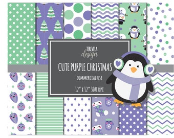 PURPLE CHRISTMAS paper, commercial use, cute Christmas paper, scrapbook paper, instant download, digital paper, snowman, christmas