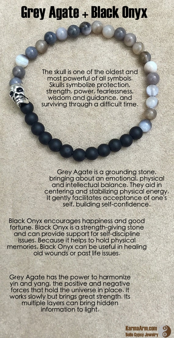 Destiny Grey Agate Black Onyx Skull ॐ Yoga Chakra Bracelet Energy Healing Karma Stacks Organic Reiki Jewelry Mens Womens - 