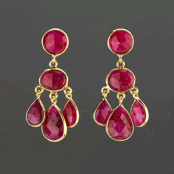 Three tier ruby earring,ruby chandelier dangle earring,framed ruby,gemstone earrings,July birthday gift,mother gift,anniversary gift