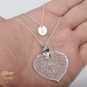 Doppel-Schicht echte Blatt erste Halskette, Baby-Aspen-Blatt-Halskette, gestempelt Monogramm Tag, Jahrestagsgeschenk, Geburtstagsgeschenk, benutzerdefinierte Schmuck-Karte