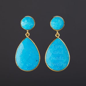 Grote turquoise oorbellen, twee edelsteenoorbellen, traanoorbellen, gefacetteerde turquoise postoorbel, verjaardagscadeau, moedercadeau, aangepaste notitiekaart