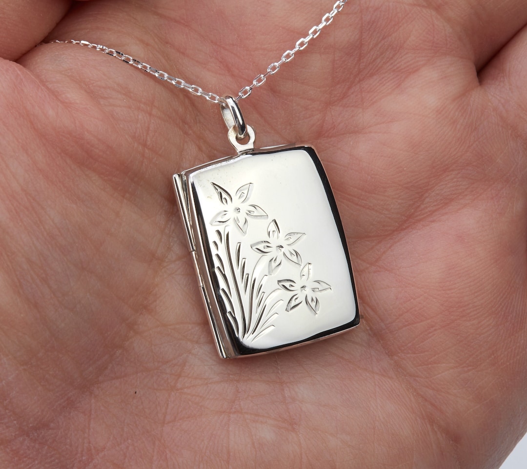 Engraved Sterling Silver Rectangle Locket With Photo,personalized ...