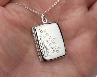 Engraved sterling silver rectangle locket with photo,Personalized memorial booklet Locket,etched floral front,remembrance gift,mother gift