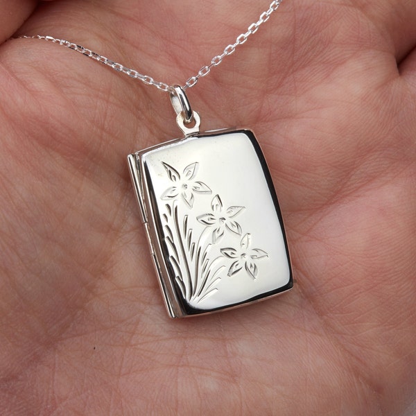 Engraved sterling silver rectangle locket with photo,Personalized memorial booklet Locket,etched floral front,remembrance gift,mother gift