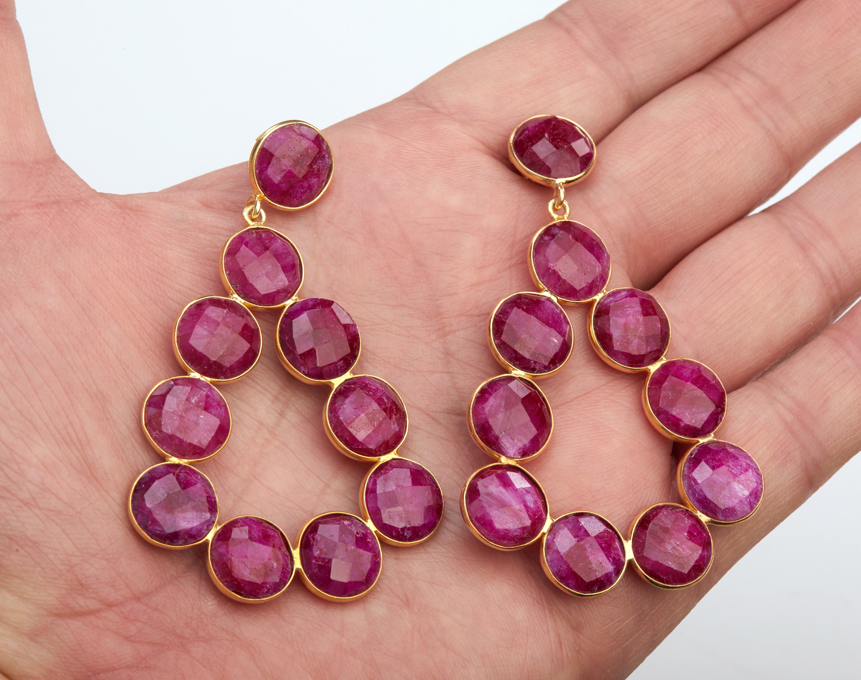 Very Large Two Tier Ruby Hoop Earring,teardrop Ruby Hoop Earring,dangle ...