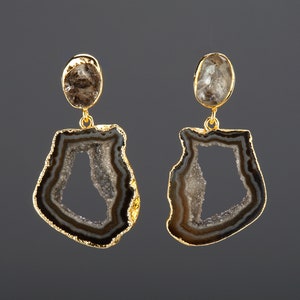 Two tier smoky quartz geode earring with moonstone top post,sliced smokey quartz nature geode earring,anniversary gift,mother earring